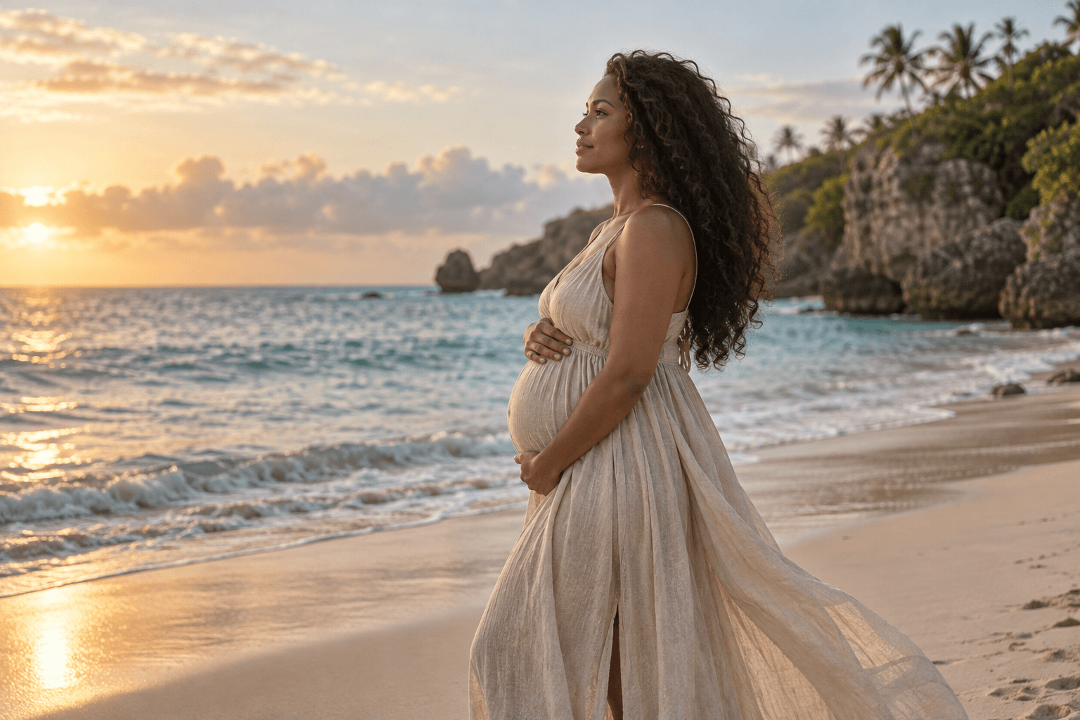 A solo maternity portrait on a Barbados beach at sunset