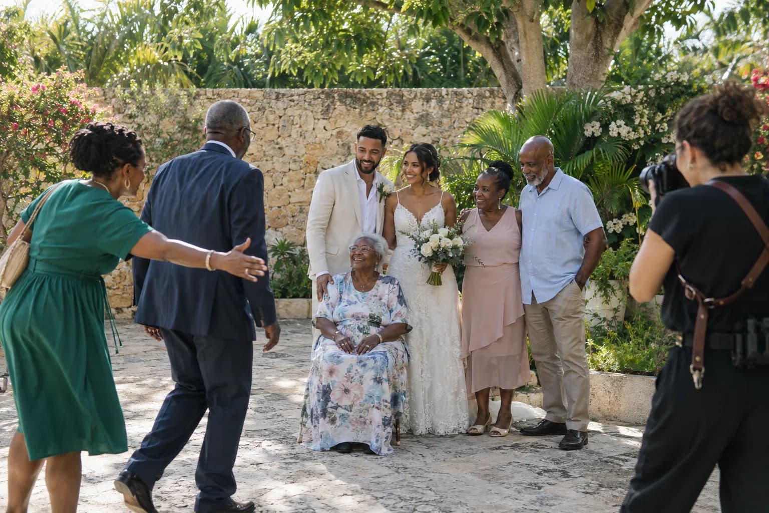 Illustrative wedding group gathering for a portrait as a guest guides relatives into place