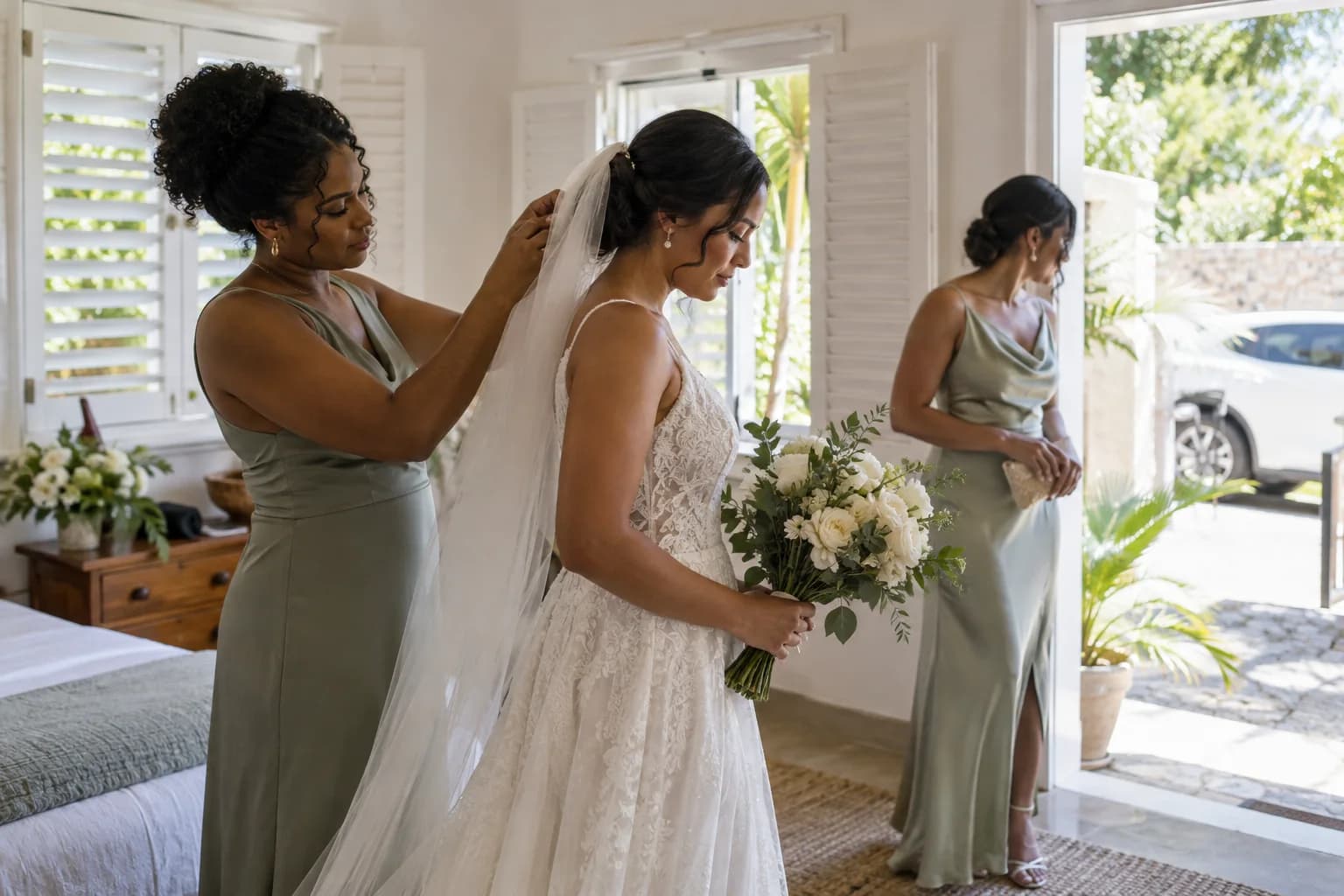 Illustrative bride holding a bouquet while a friend adjusts her veil before departure