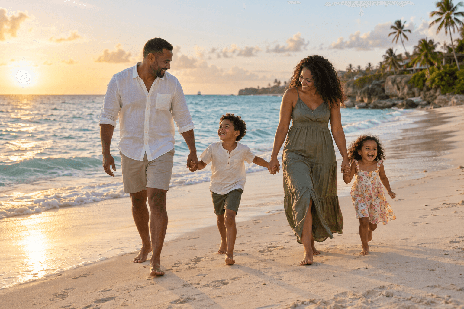 A family walking together along a Barbados beach at sunset