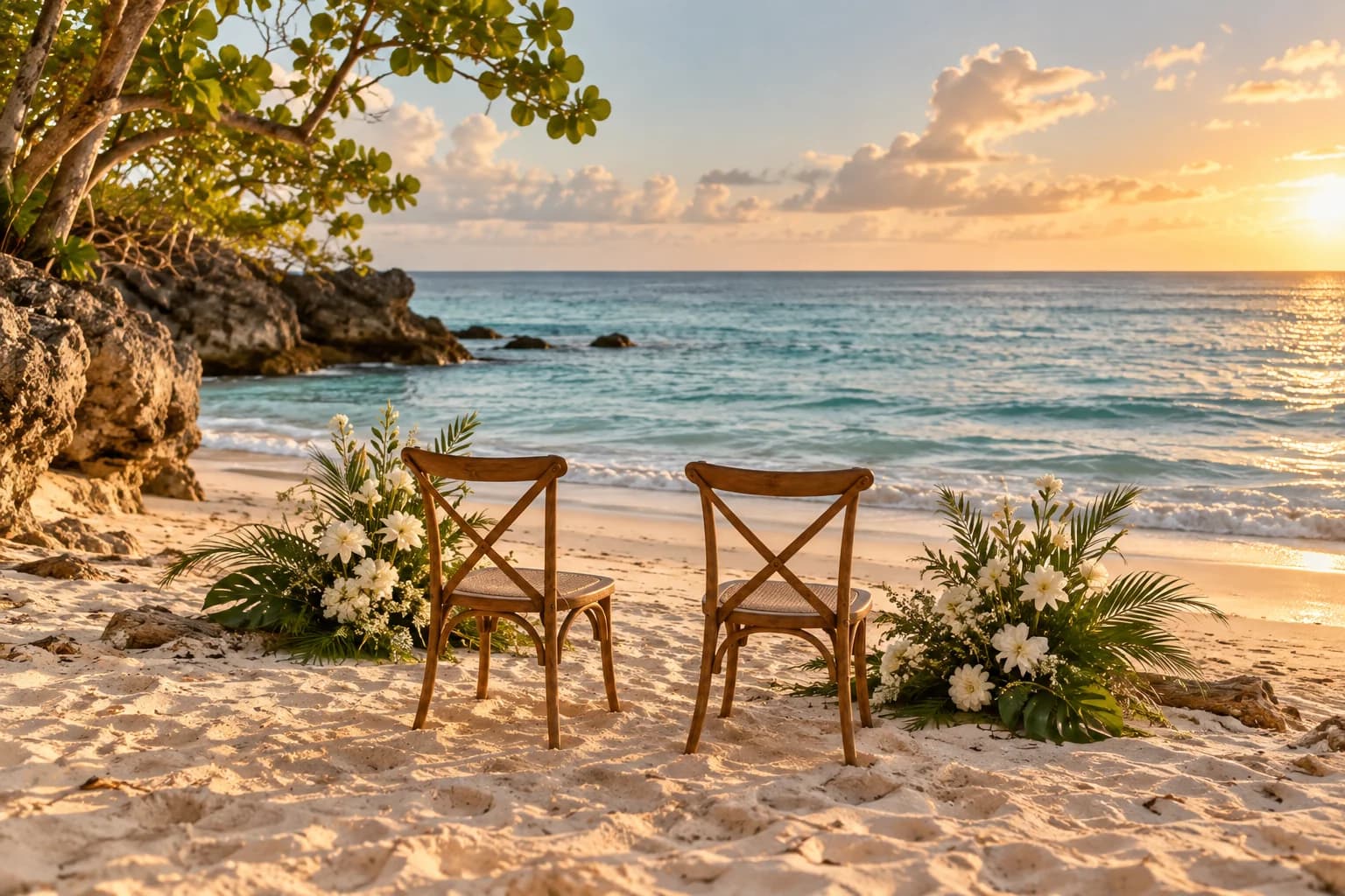 Illustrative empty beach ceremony setting with two wooden chairs, white flowers, and calm Caribbean water