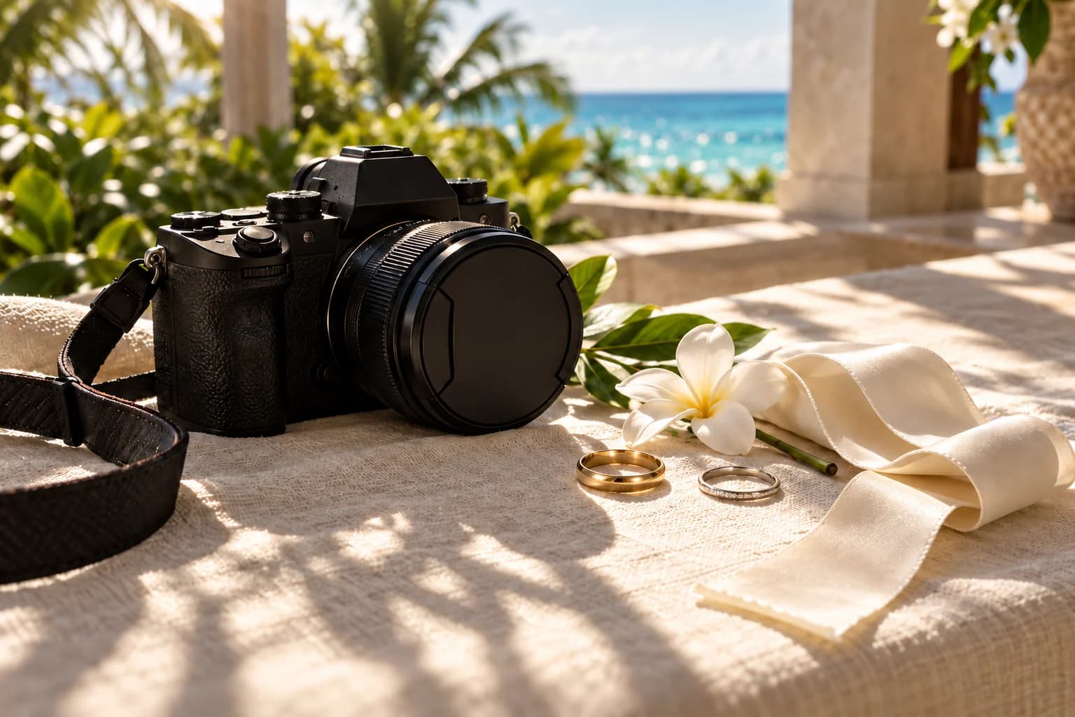 Illustrative wedding still life with a camera, two rings, cream ribbon, and a white flower beside a veranda